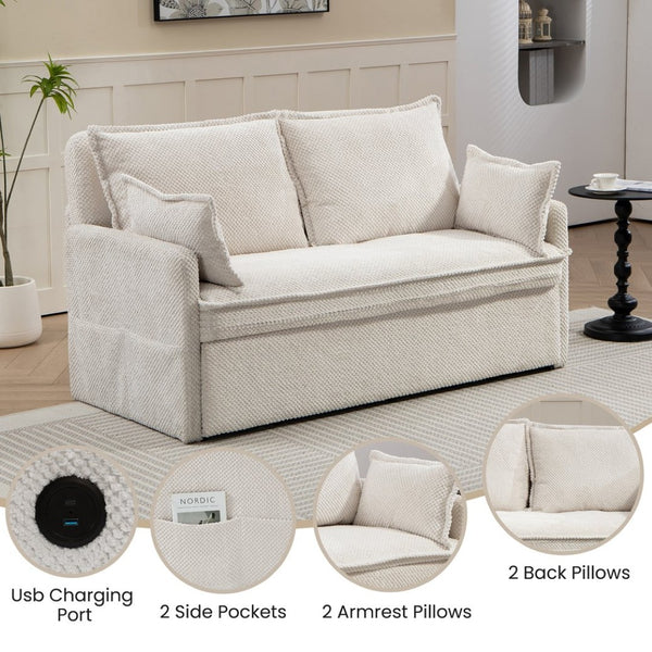English Elm 59.5" Corduroy Convertible Sleeper Sofa with Usb Charging Ports and Storage Pockets W2606P252439