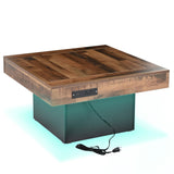 English Elm 31.4'' X 31.4'' Farmhouse Coffee Table With 2 Usb Ports and Outlets, Brown Spliced Wood Grain Center Table With Led Light, Rustic Cocktail Table With Charging Station For Living Room, Black