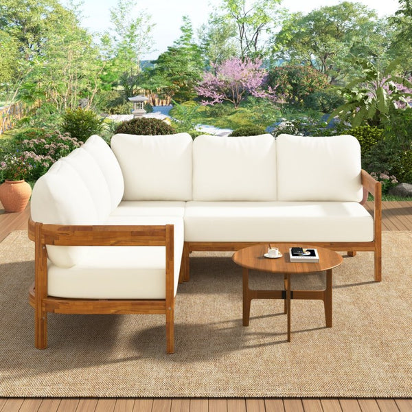 English Elm U_style Acacia Wood Outdoor L Shaped Corner Sofa Set with Arc Frame and Cushions White WY000481AAA