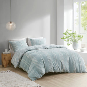 English Elm King/Cal Kara Cotton Jacquard Duvet Cover Set - Eco OEKO-TEX, Aqua Diamond Reverse, Button Closure, 3pc B03596483
