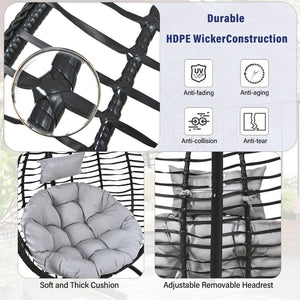 English Elm U_style Wicker Hanging Egg Chair with Stand Foldable Indoor Outdoor Swing Seat Black+ Gray N711P389502E