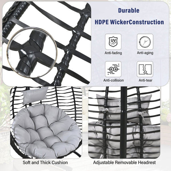 English Elm U_style Wicker Hanging Egg Chair with Stand Foldable Indoor Outdoor Swing Seat Black+ Gray N711P389502E