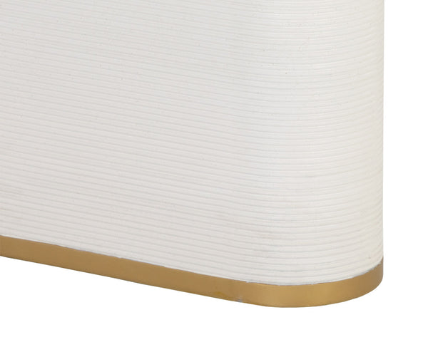 Sunpan Aemond 86.5" Elegant Dining Table with Clear Glass Top & White Concrete Legs for Stylish Spaces