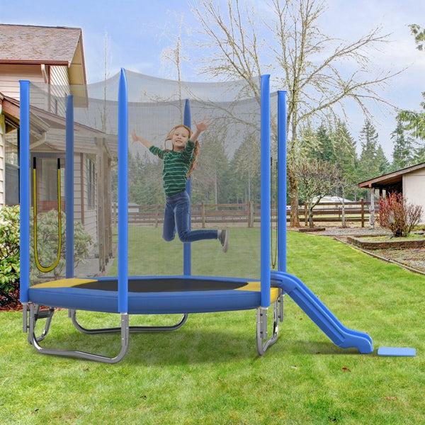 English Elm 7ft Hexagonal Kids Outdoor Trampoline with Enclosure Net Slide and Ladder Blue N739P272805C