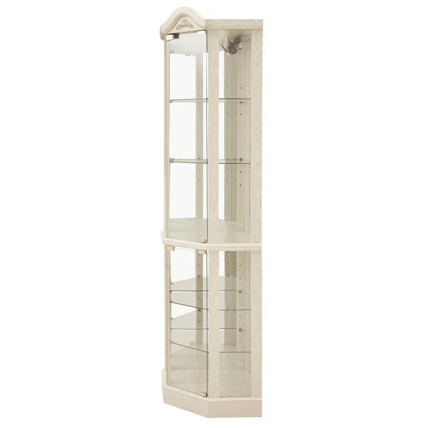 English Elm Lighted Corner Curio Cabinet With Adjustable Shelves, Elegant Carved Design & Integrated Lighting - White W1758P300128