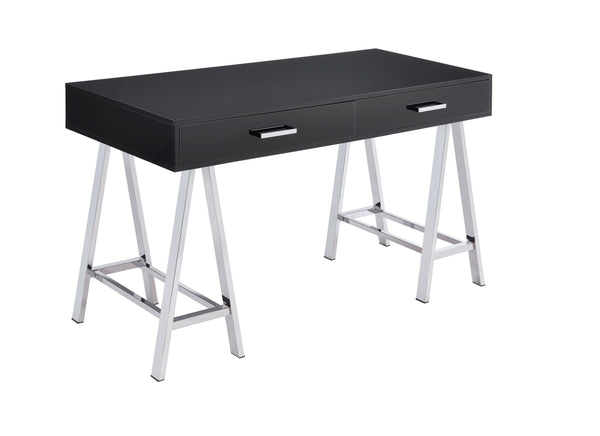 English Elm Coleen Sleek Black High-Gloss Writing Desk with Chrome Base, Built-In USB & Dual Drawers, Modern Home Office B2726P278572