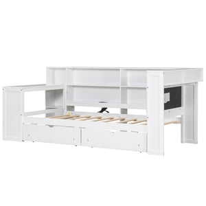 English Elm Wood Twin Size Platform Bed With Drawers, Charging Station, Led Light, Desk, & Upholstered Headboard N7090001046K-GIGA