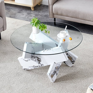 English Elm Round glass coffee table with 33.4" tempered top, white patterned MDF legs, sturdy 130lb capacity modern centerpiece W1512P395025