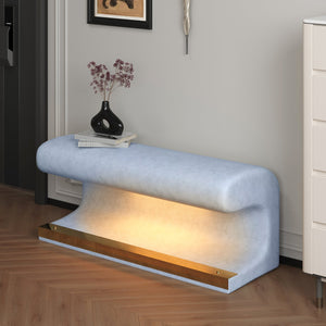 English Elm Entryway Leather Upholstered Bench Ottoman with Motion LED Light, Metal Legs, Modern Minimalist Design Blue W1170P262461