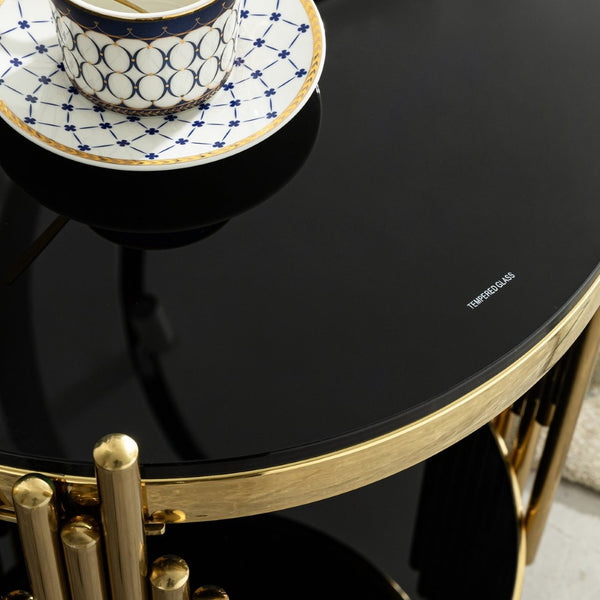 English Elm Luxury Two Tier Round Side Table Black Tempered Glass Gold Steel Wave Frame Glam W2723P252342