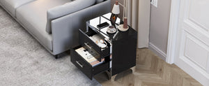 English Elm High Gloss Mirrored 2 Drawer Nightstand Slim Metal Legs Modern Bedroom Side Table Black W5271P416537