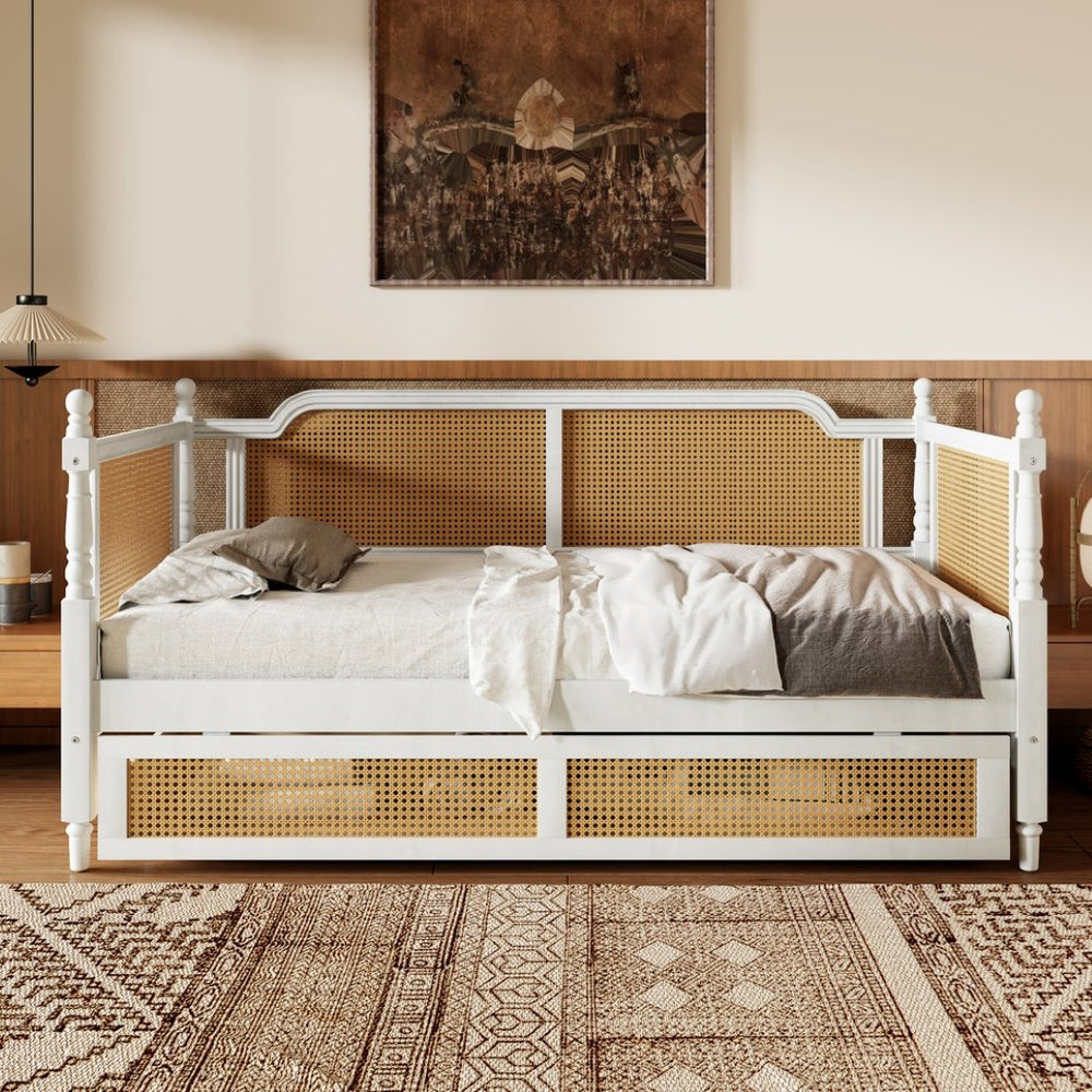 English Elm Traditional Rattan Headboard Twin Daybed Pine Frame with Under Bed Storage Drawers BS701P193261K
