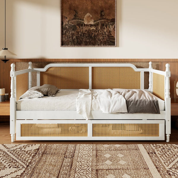 English Elm Traditional Rattan Headboard Twin Daybed Pine Frame with Under Bed Storage Drawers BS701P193261K