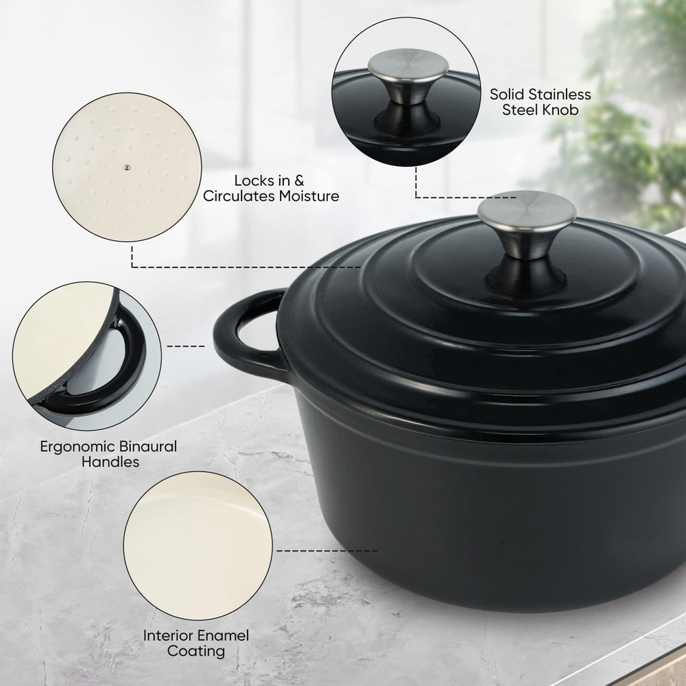 English Elm 4.5 Quart Dutch Oven Pot with Lid, Enameled Cast Iron, Nonstick Ceramic Surface for Even Cooking and Moisture-Retaining Baking up to 500°F Black T3950P396340