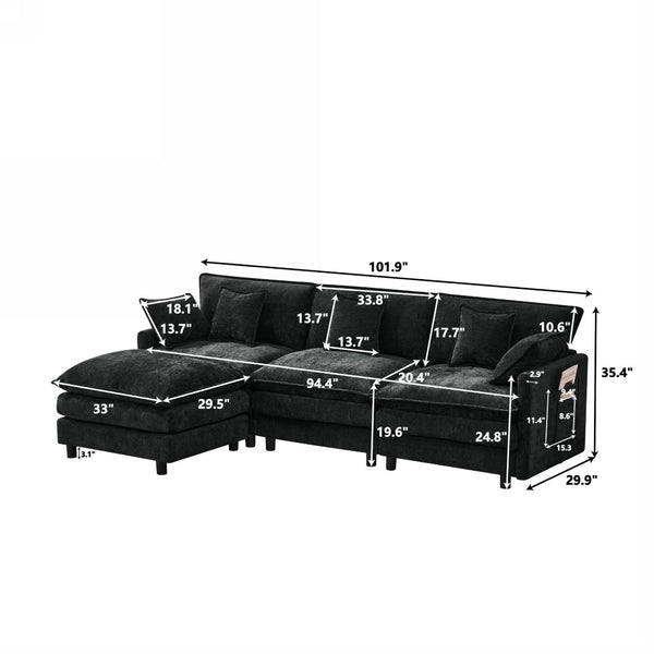 English Elm 101.9-inch Chenille Modular Sofa with Movable Footstool for Living Room Comfort Black W288S00032