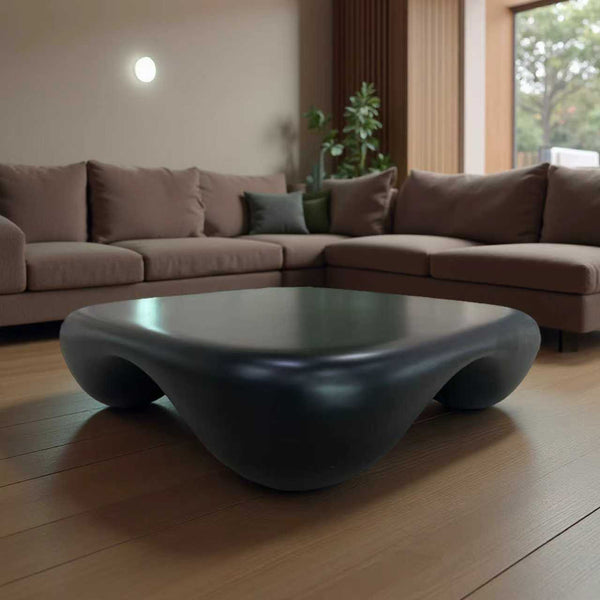 English Elm Modern Faux Travertine Coffee Table with Fiberglass Strength, Piano Finish, Sculptural Round Base, 42.9" Black W2085P359732