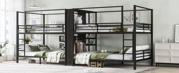 English Elm Queen Size Quadruple Metal Bunk Bed With Storage, Noise-Reducing Design & Sturdy Black Frame W1580S00156-GIGA