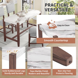 English Elm 5-Piece Counter Height Dining Set with Faux Marble Top and Upholstered Seats, Mid-Century Pub Charm White+gray N752S000086E