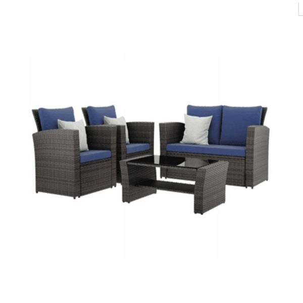 English Elm 4-piece Outdoor Wicker Conversation Set with Tempered Glass Table and Resort Style Blue+Brown B082S00057