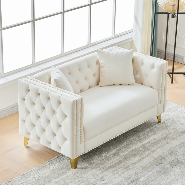 English Elm 58"Chesterfield Velvet Sofa Elegant Tufted 2-Seater Deep Seat with Nailhead Trim Solid Wood Frame Beige W3373S00028