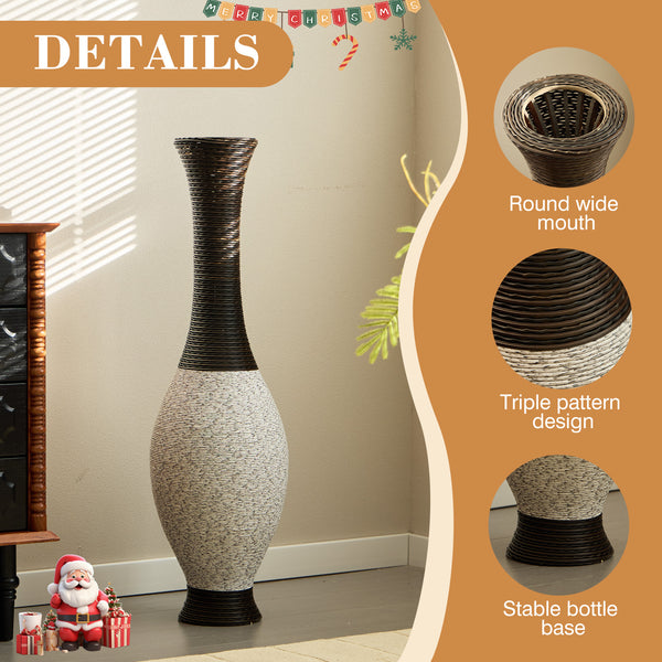 English Elm 39-Inch Tall Standing Designer Floor Vase with Brushed Gold Accents, Durable PVC Rattan Texture, Elegant Home Accent White+Black W2796P193946