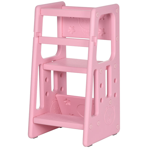 English Elm Qaba Adjustable Toddler Tower with 3 Heights, Anti-Slip Pads & Handrails, Easy-Clean Pink Step Stool W2225P200489