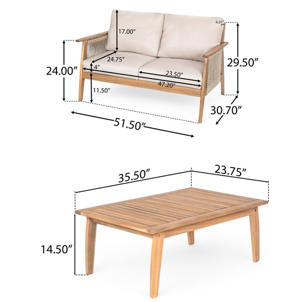 English Elm Outdoor Acacia Hardwood Rope Weave Patio Chat Set with Deep Cushioned Seating N757P408833B