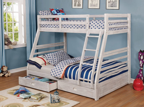 English Elm Twin Over Full Bunk Bed With Drawers, Attached Ladder & Wire-Brushed White Finish For Stylish Storage B2741S00341-GIGA