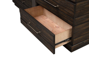 English Elm Industrial Rustic 6-Drawer Dresser in Knotty Oak Veneer with Solid Wood+MDF Build and Custom Hardware - Brown B2699P237054