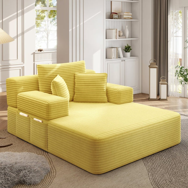 English Elm Luxurious Corduroy Frameless Chaise Sofa Bed with Spring Cushion and Storage Pocket Yellow W3219P496262