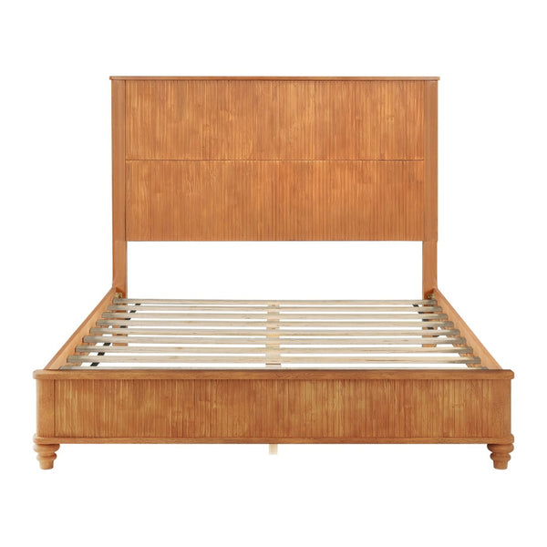 English Elm Solid Rubberwood Queen Platform Bed Tall Headboard Vertical Grain No Box Spring Natural W5819S00004