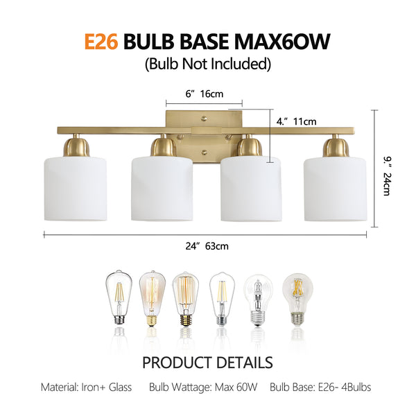 English Elm Gold 4-Light Modern Vanity Light Fixture - Elegant Wall Sconce With Frosted Glass Shades For Bathroom W2312P374856