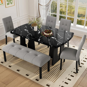 English Elm 6 Piece Dining Set with Rectangular Solid Wood Table, Upholstered Chairs & Bench, Rustic Charm, Easy Assembly, Seats 6 Black+ Gray N752S000011B