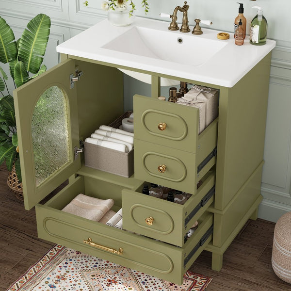 English Elm 30" Freestanding Bathroom Vanity Solid Wood Cabinet Ceramic Basin 3 Drawer Storage Green W1580P382512