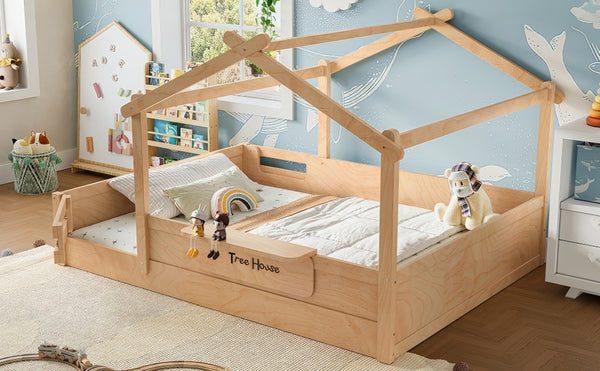 English Elm Queen House Shaped Kids Floor Bed Pine Wood Frame with Guardrails and Personalized Headboard Natural W1580P396335