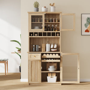 English Elm Topmax Farmhouse Buffet Hutch with Wine Rack Shaker Glass Pantry Cabinet N717P327043N