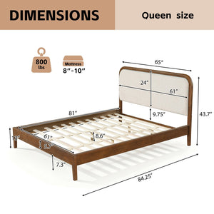 English Elm Queen Solid Acacia Platform Bed Curved Beige Upholstered Headboard Brown Oak Finish N758Q517071N