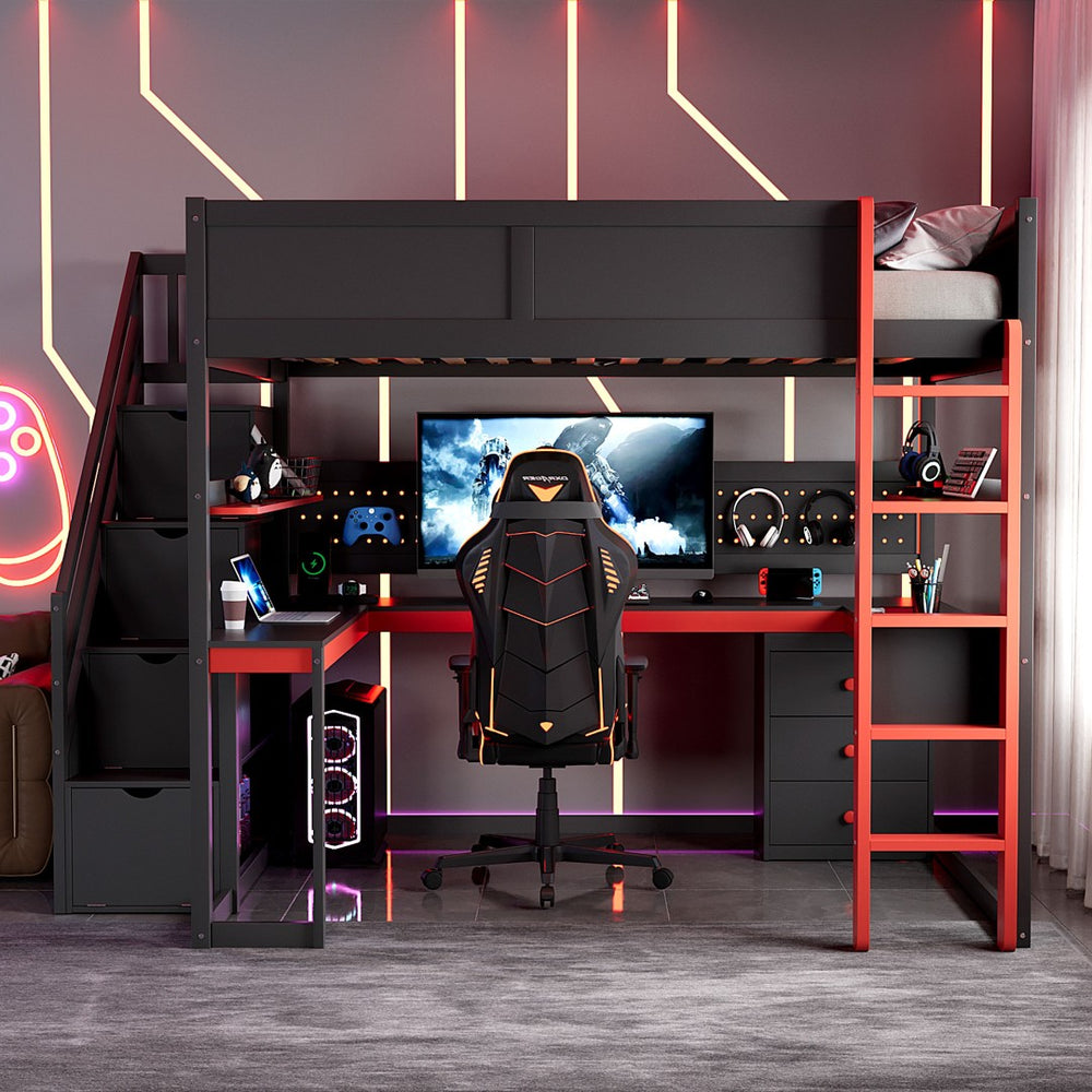 English Elm Full Size Gaming Loft Bed with Led Lighting Desk Shelves and Usb Charging Ports N820S00071J
