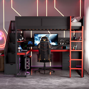 English Elm Full Size Gaming Loft Bed with Led Lighting Desk Shelves and Usb Charging Ports N820S00071J