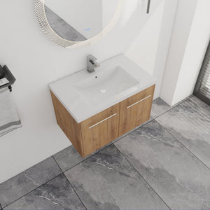 English Elm 30 30 Inch Soft Close Vanity with Resin Sink, Open Shelf Storage & Rust‑Resistant Metal Handles, KD-Pack W999P188194