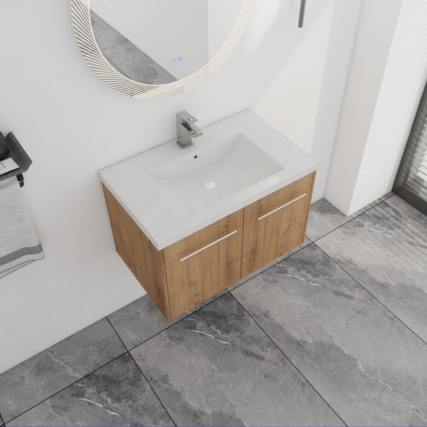 English Elm 30 30 Inch Soft Close Vanity with Resin Sink, Open Shelf Storage & Rust‑Resistant Metal Handles, KD-Pack W999P188194