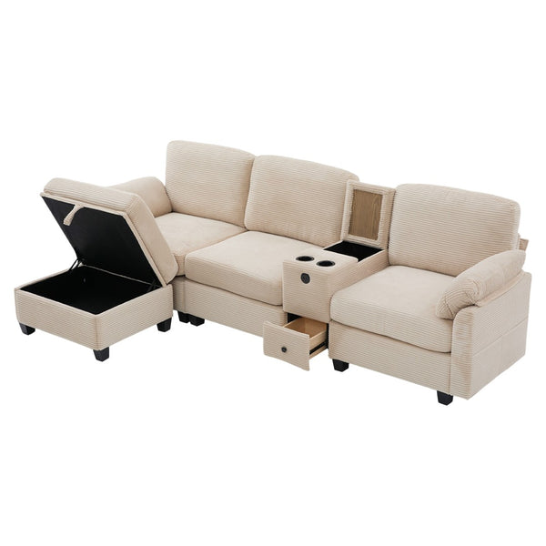 English Elm United Multifunctional L-Shaped Corduroy Sofa: 4-Seater With Usb Ports, Storage, And Comfort Features W1568S00226-GIGA