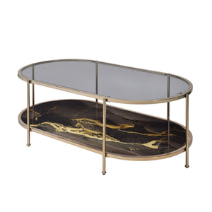 English Elm Fiorella Metal Frame Coffee Table with Glass Top and Champagne Finish, Marbled Lower Shelf Accent Black 54 L x 29 W x 5 H B2726P251673