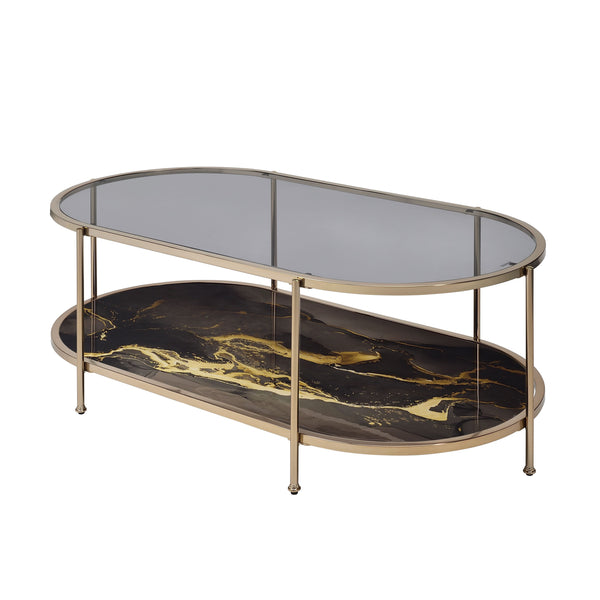 English Elm Fiorella Metal Frame Coffee Table with Glass Top and Champagne Finish, Marbled Lower Shelf Accent Black 54 L x 29 W x 5 H B2726P251673