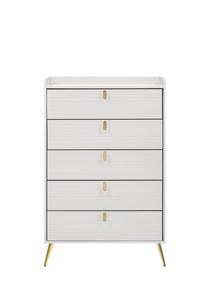 English Elm White Five-Drawer Chest with Metal Legs, Knob Handles, Durable Storage Organizer for Bedroom Elegance B062P209053