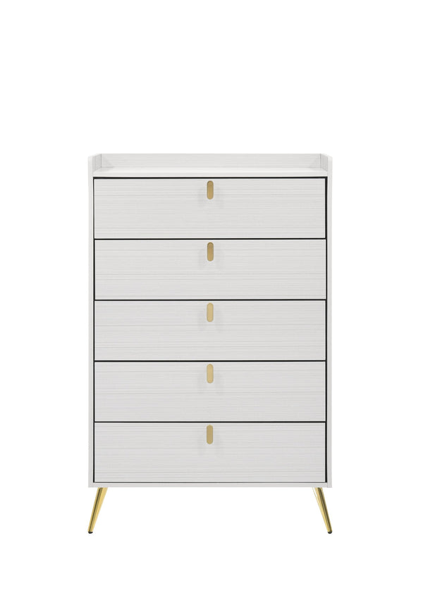 English Elm White Five-Drawer Chest with Metal Legs, Knob Handles, Durable Storage Organizer for Bedroom Elegance B062P209053