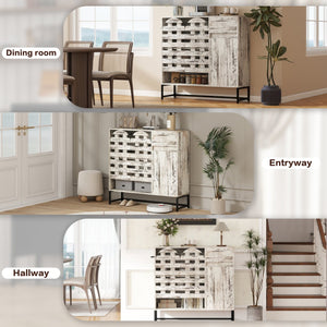 English Elm 44.3"Farmhouse Rustic Sideboard Cabinet with Arched Lattice Doors, Drawer & Open Shelves, White Vintage W2977P338333