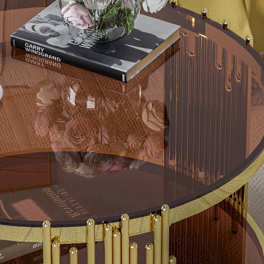 English Elm 31.5inch Modern Luxury Gold Coffee Table with Two-Tier Storage, Tempered Glass Top, Elegant Crown Design Dark Brown W1550P171485