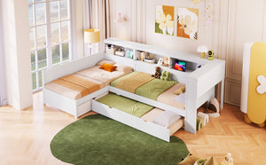 English Elm Wood Twin L-shaped Platform Bed Trundle Shelves Charging Station Kids Room White N7090001045K-1