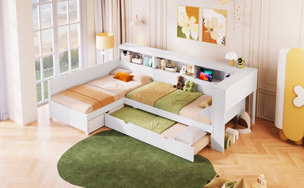 English Elm Wood Twin L-shaped Platform Bed Trundle Shelves Charging Station Kids Room White N7090001045K-1